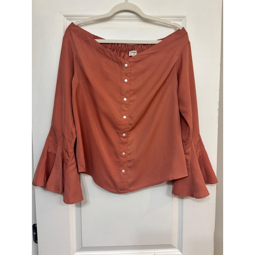 Umgee USA Women Terracotta Off Shoulder Bell Sleeve Button Down Blouse 
S Boho